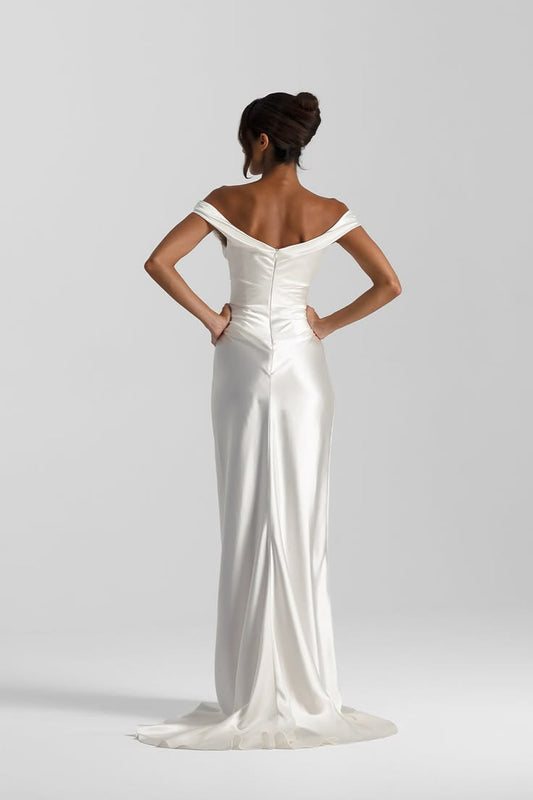Elegant White Mermaid Off-The-Shoulder Ruched Satin Dress Prom Dress Evening Dress L387