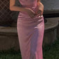 Classy Peach Sheath Spaghetti Strap Ruched Satin Dress Prom Dress Evening Dress L388