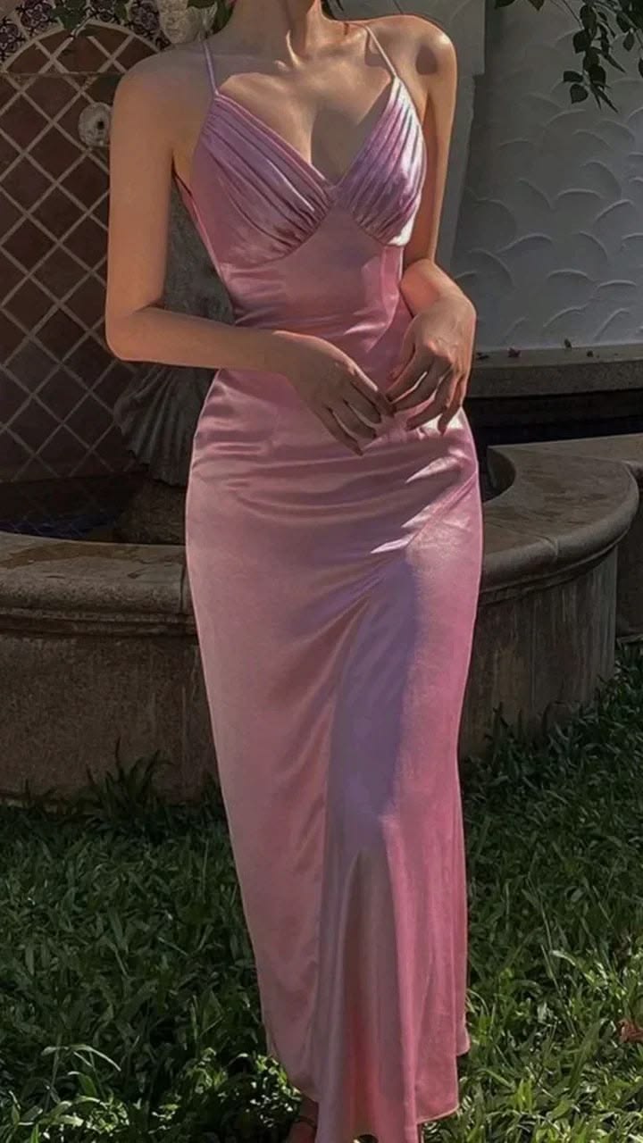 Classy Peach Sheath Spaghetti Strap Ruched Satin Dress Prom Dress Evening Dress L388