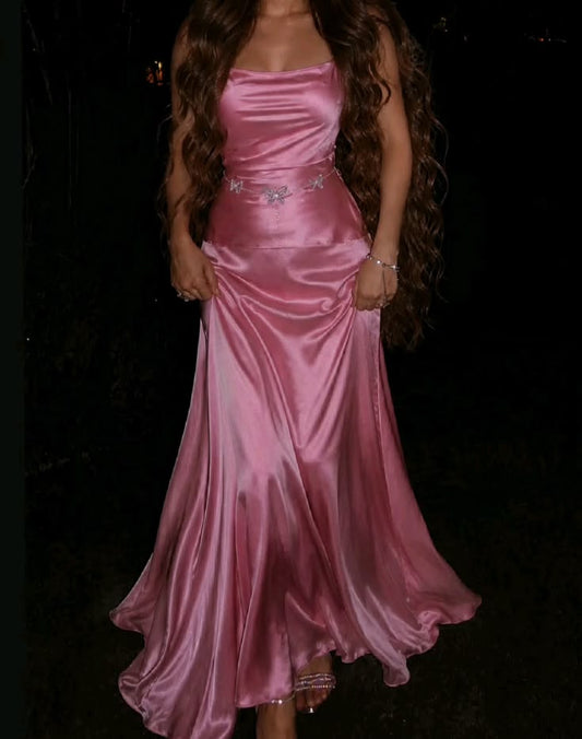 Pretty Peach Mermaid Spaghetti Strap Butterfly Appliques Satin Dress Bridesmaid Dress L389