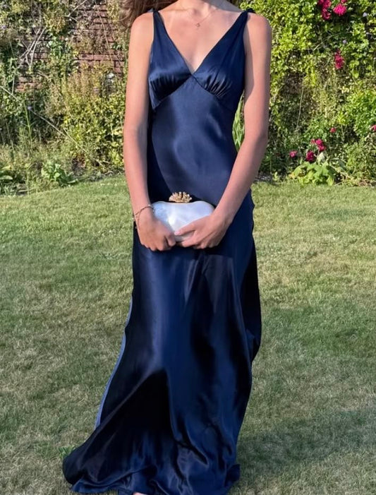 Modest Navy Sheath V-Neck Ruched Satin Dress Prom Dress Evening Dress L392
