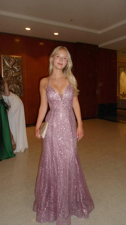 Sweet Purple Mermaid Spaghetti Strap Sequins Tulle Dress Prom Dress Evening Dress L395
