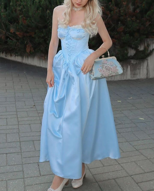 Pretty Light Blue Ball Gown Strapless Lace Basque Waist Satin Dress Quinceanera Dress 16 L397