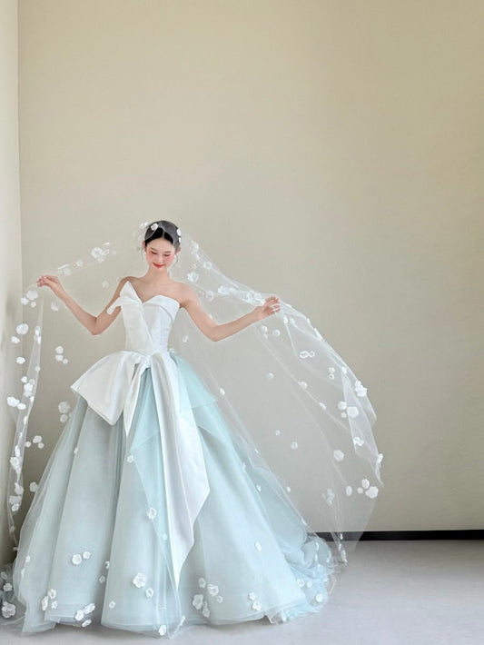 Modest Mint Green Ball Gown Asymmetrical Neck Appliques Tulle Dress Quinceanera Dress 16 L401