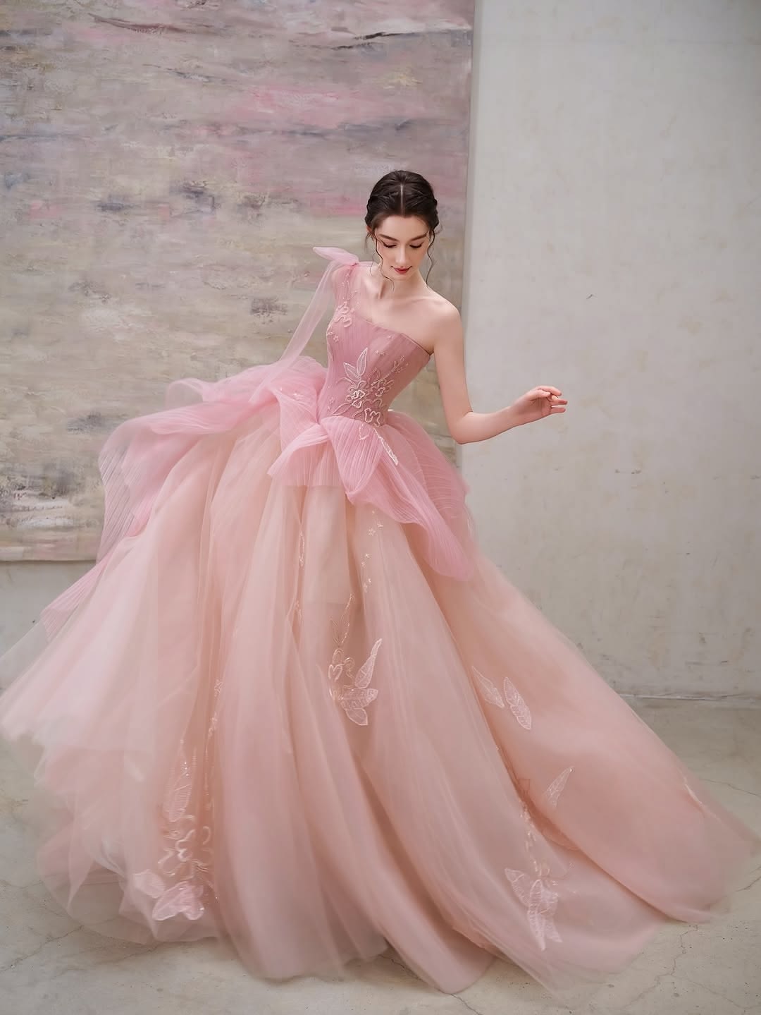 Sweet Pink Ball Gown Asymmetrical Neck Appliques Tulle Dress Quinceanera Dress 16 L402