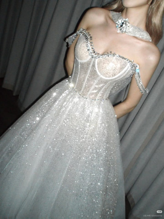 Sparkling White Ball Gown Spaghetti Strap Sequins Corset Tulle Dress Quinceanera Dress 16 L405