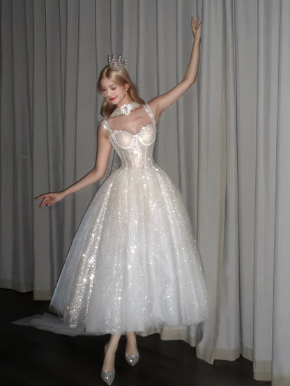 Sparkling White Ball Gown Spaghetti Strap Sequins Corset Tulle Dress Quinceanera Dress 16 L405