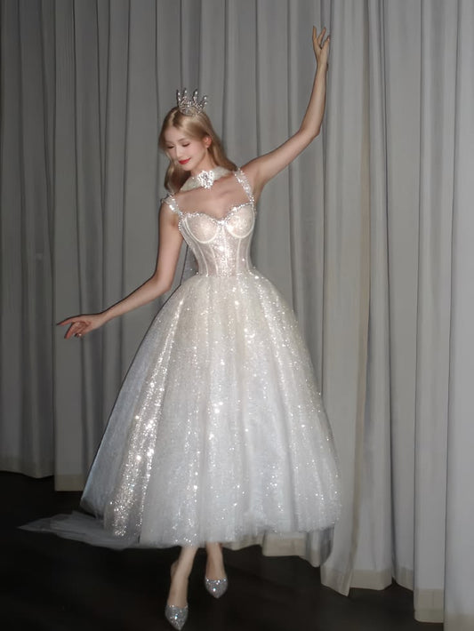 Sparkling White Ball Gown Spaghetti Strap Sequins Corset Tulle Dress Quinceanera Dress 16 L405
