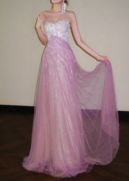 Sprakling Pink A-Line Sweetheart Sequins Tulle Dress Prom Dress Evening Dress L406