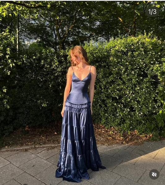 Chic Navy A-Line Spaghetti Strap Ruched Satin Dress Prom Evening Dress L409