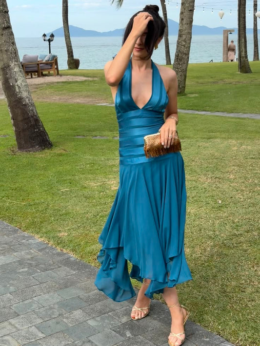 Pretty Lake Blue Dress Sheath V-Neck Striped Chiffon Dress Prom Dress Evening Dress L410