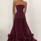 Feminine Burgundy A-Line Strapless Appliques Chiffon Dress Wedding Guest Dress L412