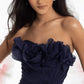 Chic Navy A-Line Strapless Flowers Ruched Ruffled Chiffon Dress Prom Dress Evening Dress L413