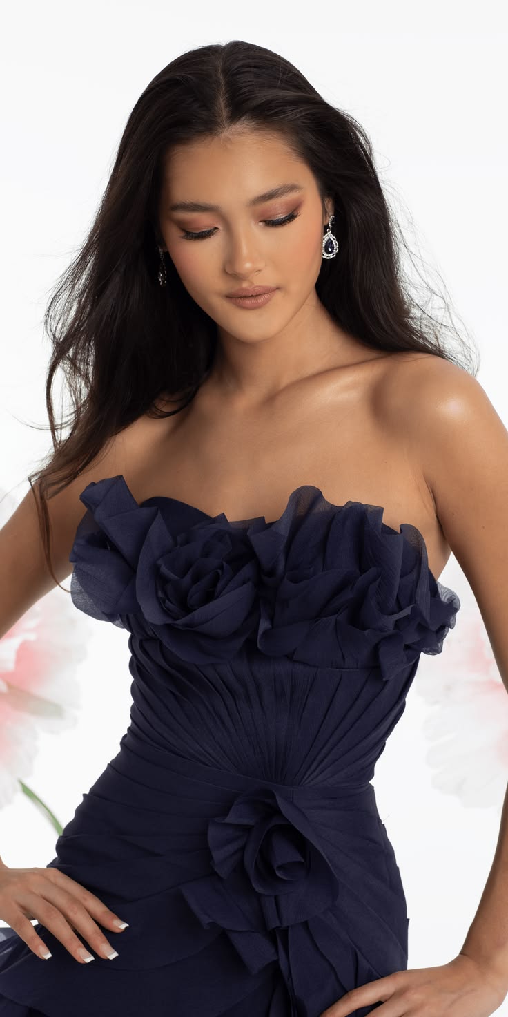 Chic Navy A-Line Strapless Flowers Ruched Ruffled Chiffon Dress Prom Dress Evening Dress L413
