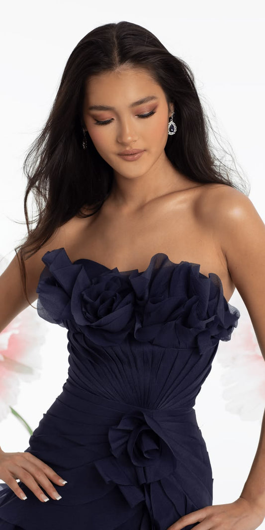 Chic Navy A-Line Strapless Flowers Ruched Ruffled Chiffon Dress Prom Dress Evening Dress L413
