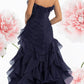 Chic Navy A-Line Strapless Flowers Ruched Ruffled Chiffon Dress Prom Dress Evening Dress L413