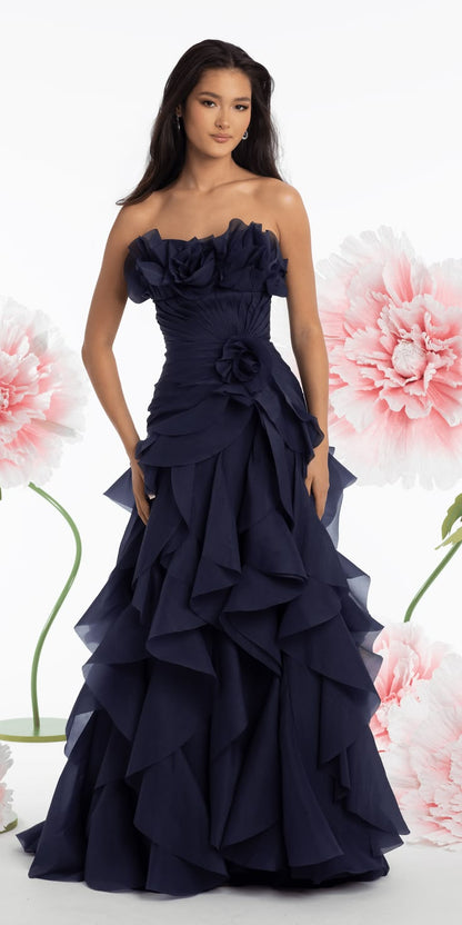Chic Navy A-Line Strapless Flowers Ruched Ruffled Chiffon Dress Prom Dress Evening Dress L413