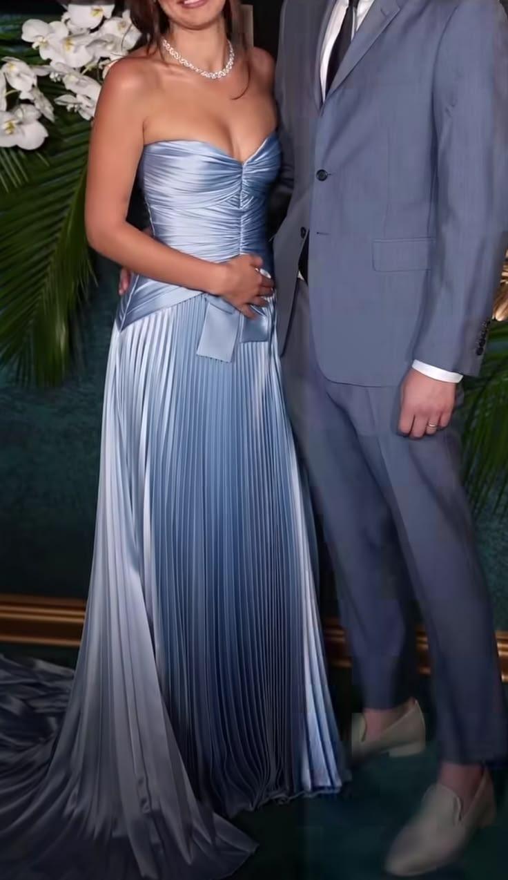 Elegant Light Blue A-Line Sweetheart Bow Ruched Satin Dress Prom Dress Evening Dress L415