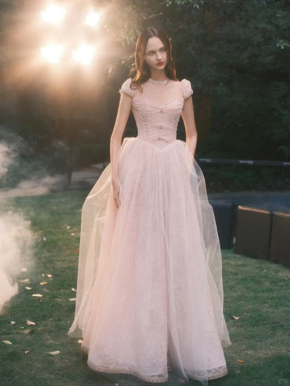 Sweet Pink A-Line Round Lace Beaded Tulle Dress Prom Dress Evening Dress L417