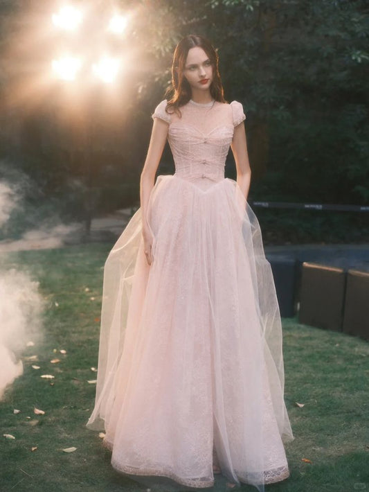 Sweet Pink A-Line Round Lace Beaded Tulle Dress Prom Dress Evening Dress L417