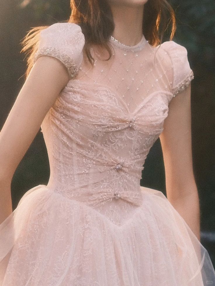 Sweet Pink A-Line Round Lace Beaded Tulle Dress Prom Dress Evening Dress L417