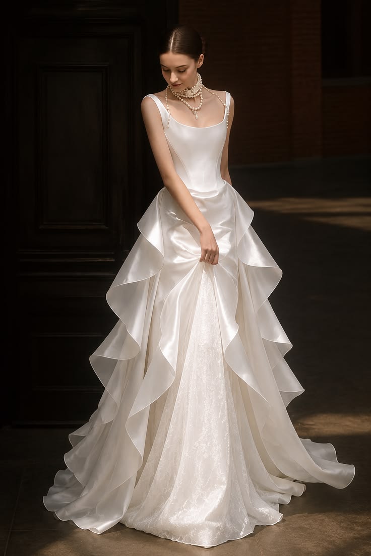 Elegant White A-Line Round Ruffled Satin Dress Prom Dress Evening Dress L418