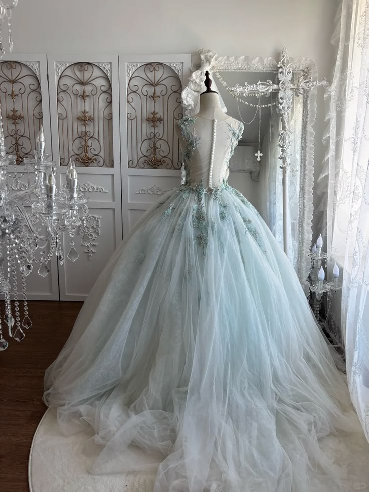Dreamy Light Blue Ball Gown Sheer Straps Appliques Beaded Tulle Quinceanera Dress 16 L42