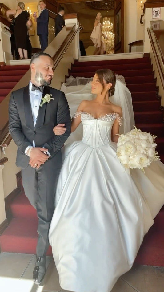 Modest White Satin Wedding Dress Off-The-Shoulder Ball Gown Beaded Corset Ballroom Wedding Dress L424
