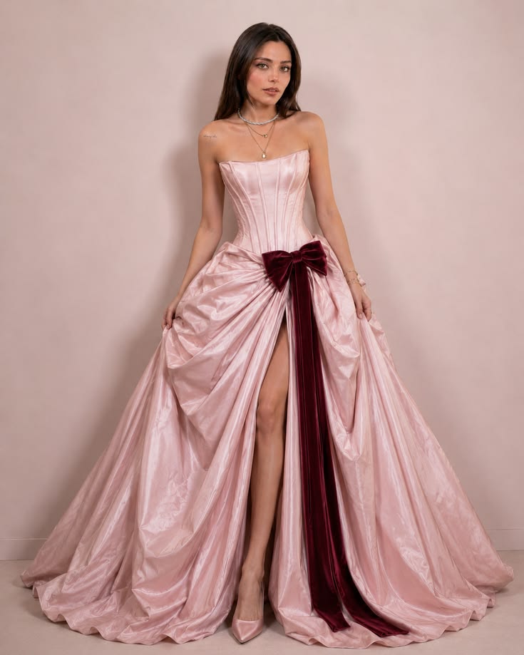 Sweet Pink Ball Gown Strapless Bow Slit Corset Satin Dress Quinceanera Dress 16 L427