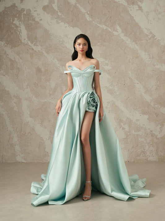 Romantic Mint Green Ball Gown Off-The-Shoulder Slit Floral Corset Satin Dress Quinceanera Dress 16 L432
