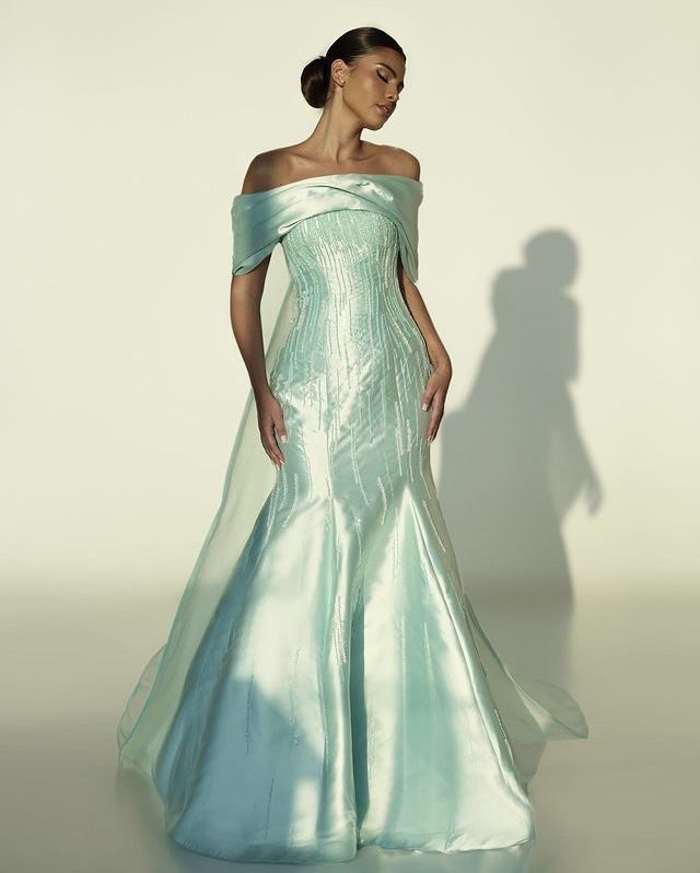Elegant Mint Green Mermaid Off-The-Shoulder Straped Satin Dress Prom Dress Evening Dress L433