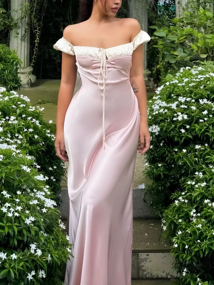 Pretty Light Pink Sheath Off-The-Shoulder Tie Bow Back Satin Dress Prom Dress Evening Dress L439