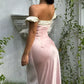 Pretty Light Pink Sheath Off-The-Shoulder Tie Bow Back Satin Dress Prom Dress Evening Dress L439