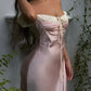 Pretty Light Pink Sheath Off-The-Shoulder Tie Bow Back Satin Dress Prom Dress Evening Dress L439