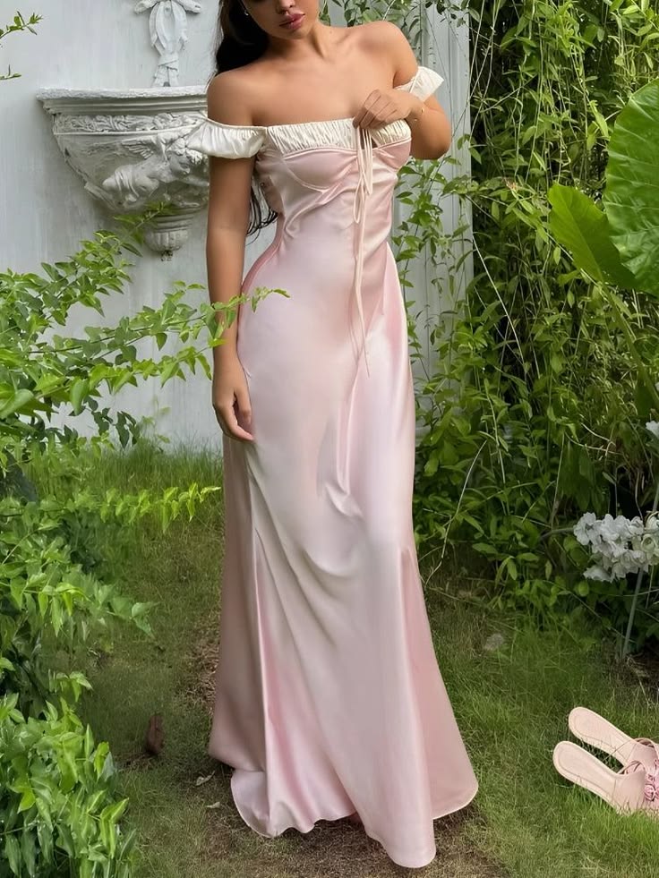 Pretty Light Pink Sheath Off-The-Shoulder Tie Bow Back Satin Dress Prom Dress Evening Dress L439