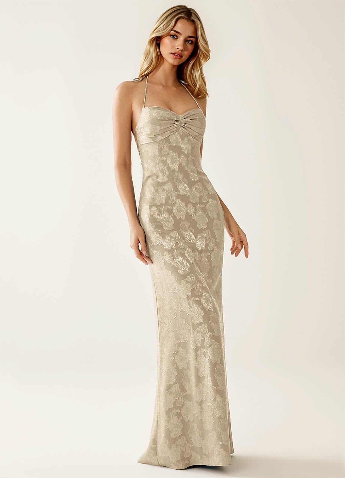 Feminine Cream Sheath Dress Halter Floral Print Satin Dress Prom Evening Dress L44