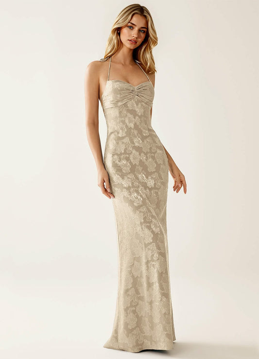 Feminine Cream Sheath Dress Halter Floral Print Satin Dress Prom Evening Dress L44