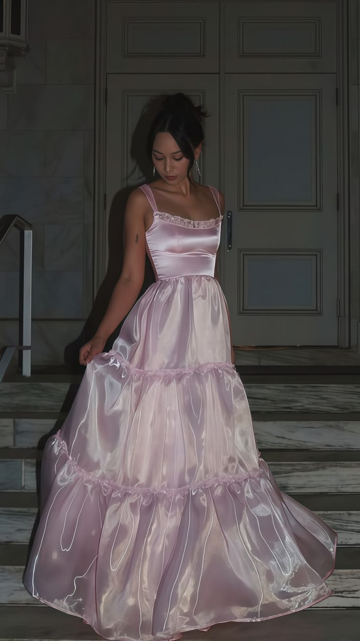 Sweet Light Pink A-Line Spaghetti Strap Lace Organza Dress Prom Dress Evening Dress L442