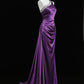 Modest Purple Sheath Asymmetrical Neck Rhinestone Slit Satin Dress Prom Dress Evening Dress L451