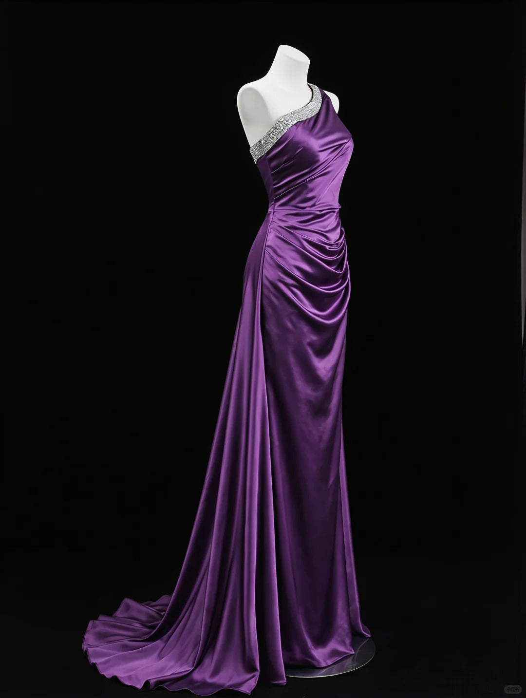 Modest Purple Sheath Asymmetrical Neck Rhinestone Slit Satin Dress Prom Dress Evening Dress L451