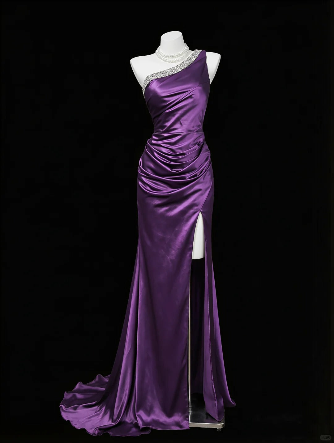 Modest Purple Sheath Asymmetrical Neck Rhinestone Slit Satin Dress Prom Dress Evening Dress L451