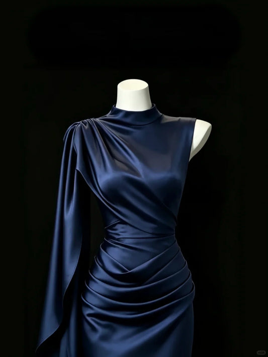 Elegant Navy Mermaid Round Neck Ruched Satin Dress Prom Dress Evening Dress L452