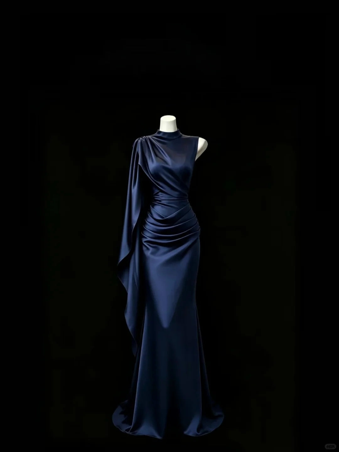 Elegant Navy Mermaid Round Neck Ruched Satin Dress Prom Dress Evening Dress L452