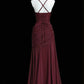 Modest Burgundy A-Line Spaghetti Strap Ruched Matte Satin Dress Prom Dress Evening Dress L453