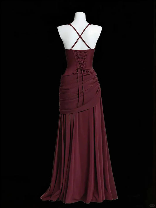 Modest Burgundy A-Line Spaghetti Strap Ruched Matte Satin Dress Prom Dress Evening Dress L453