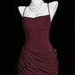 Modest Burgundy A-Line Spaghetti Strap Ruched Matte Satin Dress Prom Dress Evening Dress L453