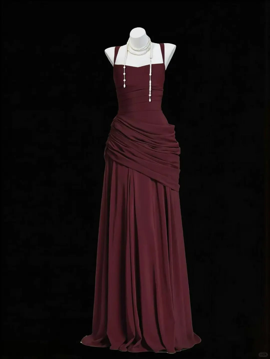 Modest Burgundy A-Line Spaghetti Strap Ruched Matte Satin Dress Prom Dress Evening Dress L453