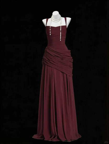 Modest Burgundy A-Line Spaghetti Strap Ruched Matte Satin Dress Prom Dress Evening Dress L453