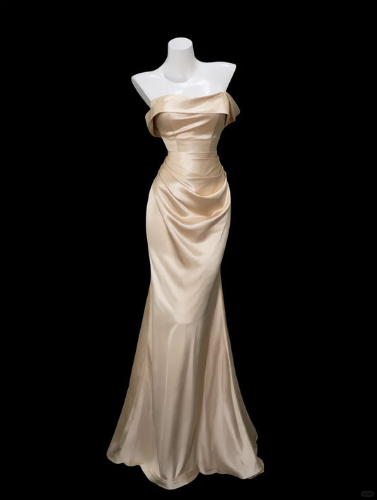 Elegant Light Golden Mermaid Strapless Ruched Satin Dress Prom Dress Evening Dress L454