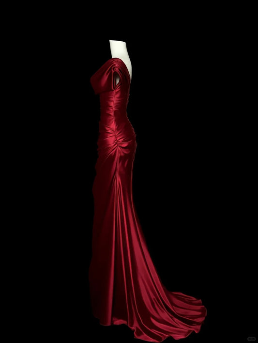 Romantic Burgundy Mermaid Asymmetrical Neck Ruched Satin Dress Prom Dress Evening Dress L455